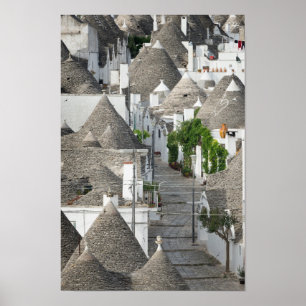 Straße mit Trulli Häusern in Alberobello, Puglia Poster