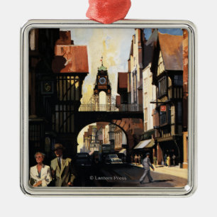 Straßen-Ansicht mit Paar-u. Turm-Uhr-Schiene Ornament Aus Metall