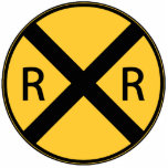 Straßenbahn-Grenzübergang Fotoskulptur Magnet<br><div class="desc">Ein klassisches gelbes Schild mit einem Bahnübergang.</div>