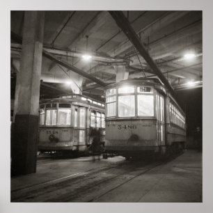 Straßenbahnen am Terminal, 1943. Vintage-Foto Poster