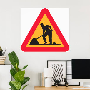 Straßenbauarbeiten vor Schilderbauzone - Warnung Poster