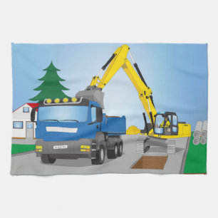 Straßenbaustelle mit blauem LKW und gelben Bagger Handtuch