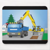 Straßenbaustelle mit blauem LKW und gelben Bagger Mousepad (Vorne)