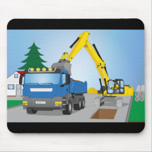 Straßenbaustelle mit blauem LKW und gelben Bagger Mousepad