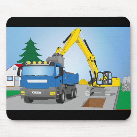 Straßenbaustelle mit blauem LKW und gelben Bagger Mousepad (Vorne)