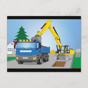 Straßenbaustelle mit blauem LKW und gelben Bagger Postkarte