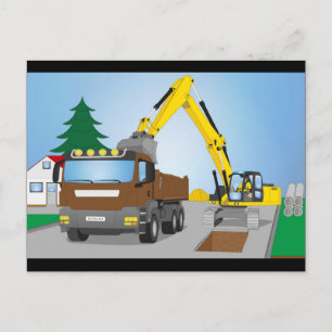 Straßenbaustelle mit braunem LKW und gelben Bagger Postkarte