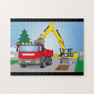 Straßenbaustelle mit rotem LKW und gelben Bagger Puzzle