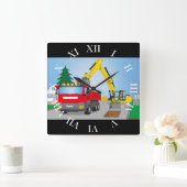 Straßenbaustelle mit rotem LKW und gelben Bagger Quadratische Wanduhr (Zuhause)