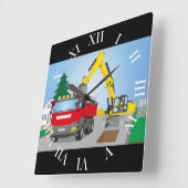 Straßenbaustelle mit rotem LKW und gelben Bagger Quadratische Wanduhr (Winkel)
