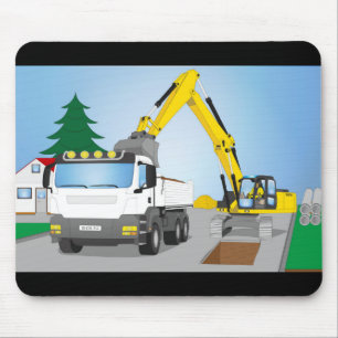 Straßenbaustelle mit weißem LKW und gelben Bagger Mousepad