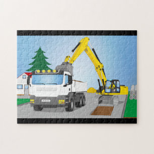 Straßenbaustelle mit weißem LKW und gelben Bagger Puzzle