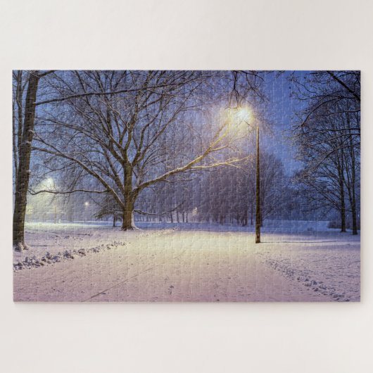 Straßenbeleuchtung und bedeckt mit Schneebäumen Pu Puzzle (Horizontal)