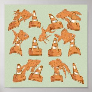 Straßencones und orangefarbener Goldfisch Poster