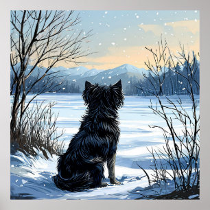 Strassenhund, der in eine schneebedeckte Winterlan Poster