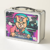 Straßenkatze mit Kopfhörern | Funny Metall Brotdose (Rückseite)