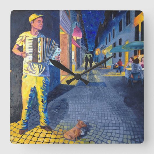 Straßenmusiker-Doggie-Uhr Quadratische Wanduhr (Vorderseite)