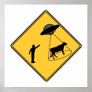 Straßenschild- Kuh und UFO Poster