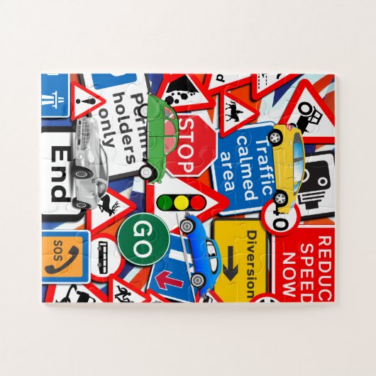 Straßenschilder und farbenfrohe Autos Puzzle (Horizontal)