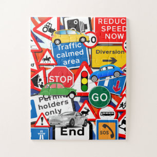 Straßenschilder und farbenfrohe Autos Puzzle