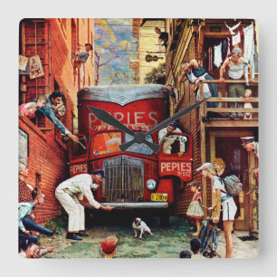 Straßensperre durch Norman Rockwell Quadratische Wanduhr