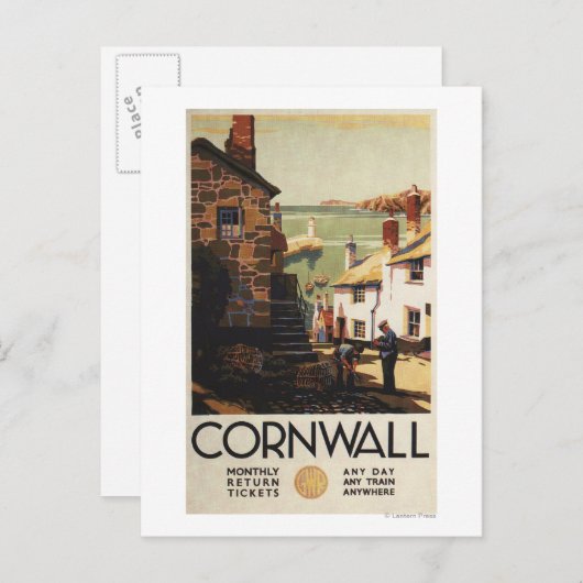 Straßenszene mit Zwei-Männer-Arbeitsbahn Postkarte (Vorne/Hinten)