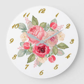 Strauß aus rosa bemalten Rosen und goldenen Zahlen Große Wanduhr