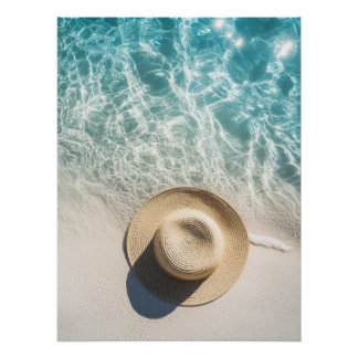 Straw Hat on White Sand by Sparkling Ocean Poster