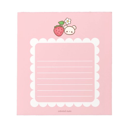 Strawbeary Pink Scallop Border Cute Bear Notepad Notizblock (Vorderseite)