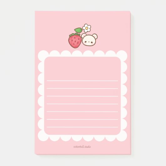 Strawbeary Pink Scallop Border Cute Bear Notepad Post-it Klebezettel (Vorderseite)