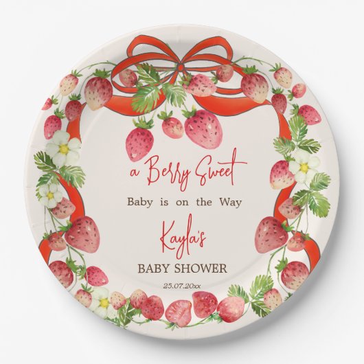 Strawbere Band Bogen Coquette Babydusche Pappteller (Vorderseite)