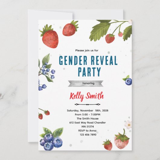 Strawberries and Blueberries Gender Reveal invite Einladung (Vorderseite)