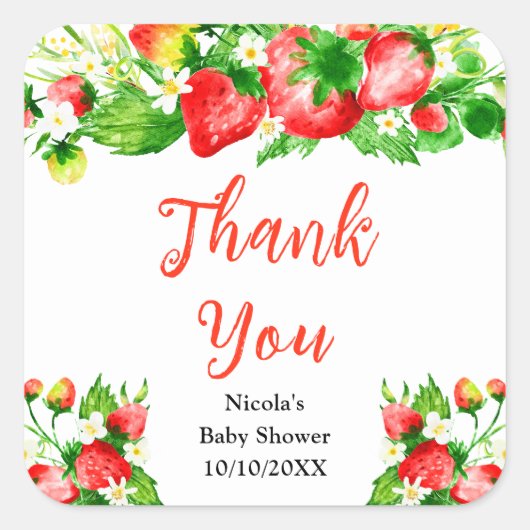 Strawberries and Daisies Baby Shower Thank You Quadratischer Aufkleber (Vorderseite)
