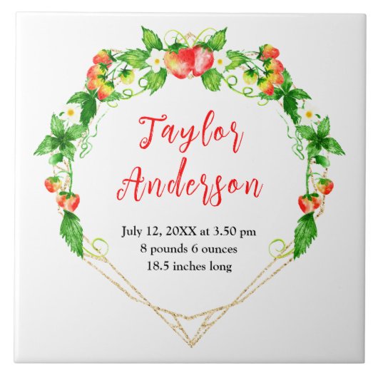 Strawberries and Foliage Baby Birth Stats Fliese (Vorderseite)