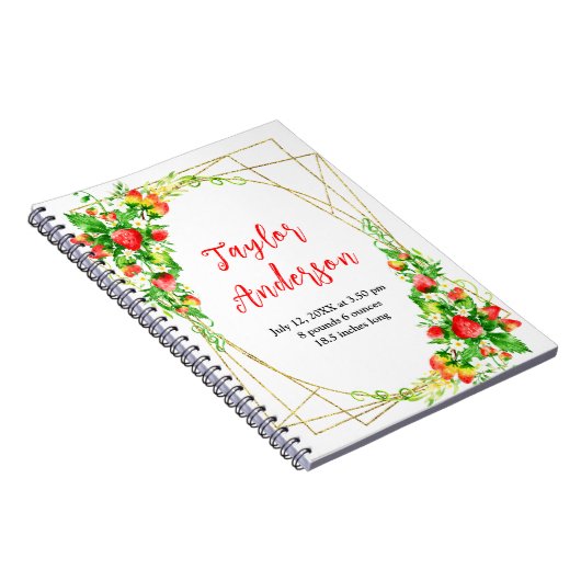 Strawberries and Foliage Baby Birth Stats Notizblock (Rechte Seite)