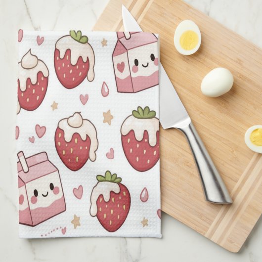 Strawberries and Milk Kitchen Towel Geschirrtuch (Viertel Falte)