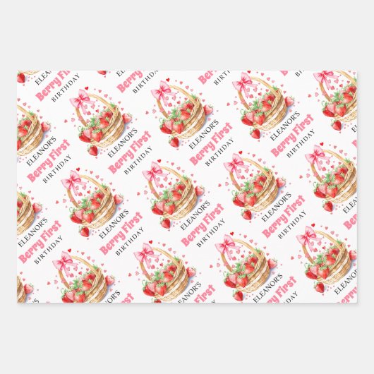 Strawberries and pink bow Berry First Birthday Geschenkpapier Set (Vorderseite 2)