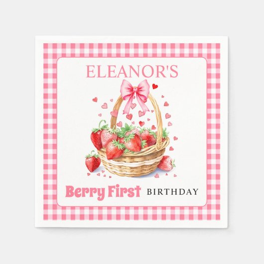 Strawberries and pink bow Berry First Birthday Serviette (Vorderseite)