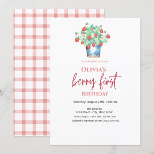 Strawberries Basket Kariert 1. Geburtstag Einladung