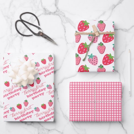 Strawberries Berry First Birthday Party Pink | Rot Geschenkpapier Set (Vorderseite)