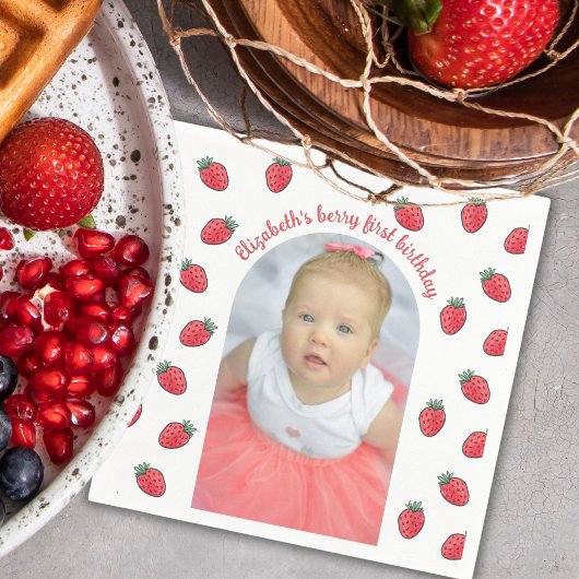 Strawberries Berry First Birthday Photo Arc Serviette