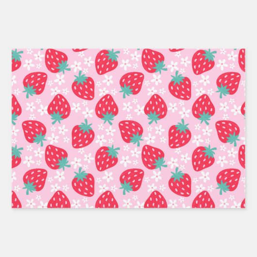Strawberries Daisies Muster rosa Rot Geschenkpapier Set (Vorderseite)