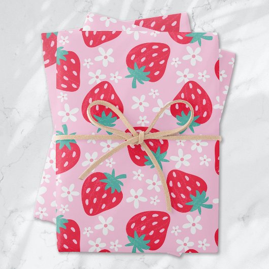 Strawberries Daisies Muster rosa Rot Geschenkpapier Set