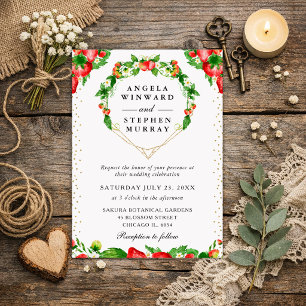 Strawberries Floral Heart Wreath Wedding Einladung