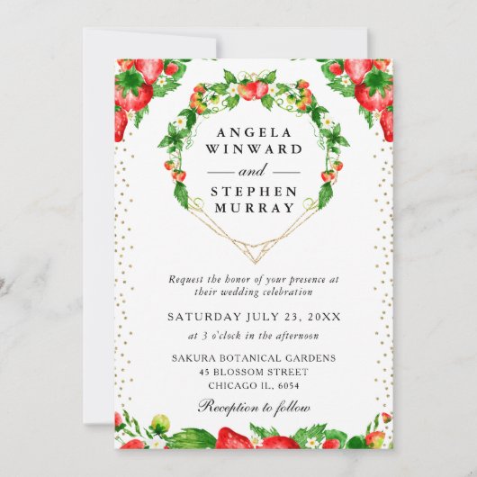 Strawberries Floral Heart Wreath Wedding Einladung (Vorderseite)