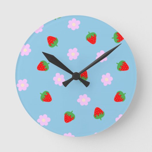 Strawberries & Flowers Runde Wanduhr (Vorderseite)