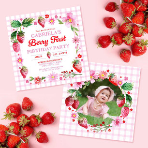 Strawberries Girl 1. Geburtstag Foto Einladung