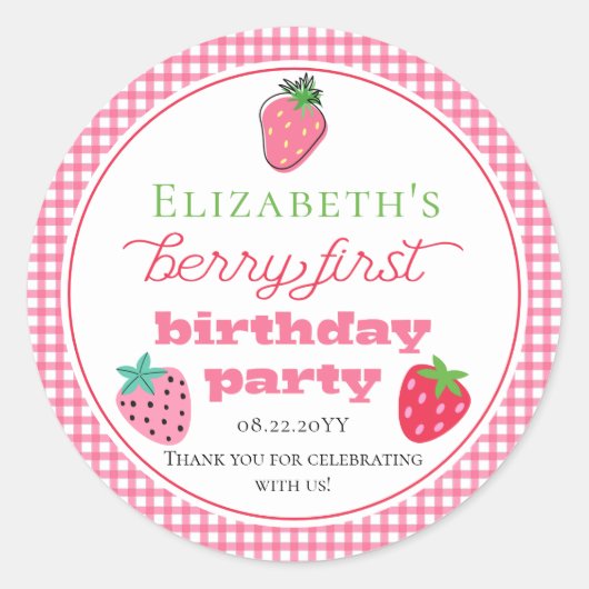 Strawberries Girl's Berry First Birthday Party Runder Aufkleber (Vorderseite)