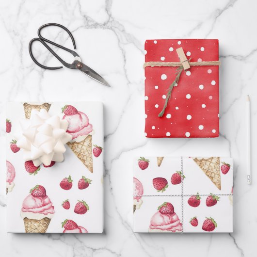 Strawberries Ice Cream Cones Red Dots Birthday Geschenkpapier Set (Vorderseite)