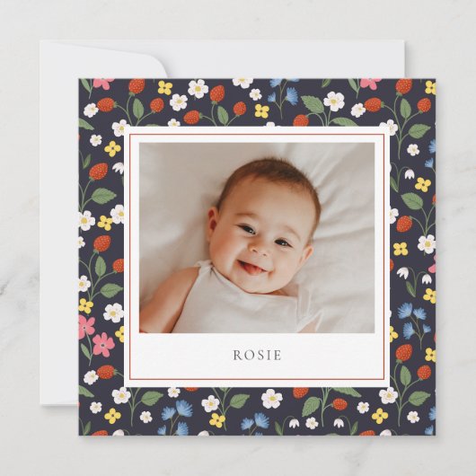 Strawberries navy Baby Birth Ankündigung (Vorderseite)